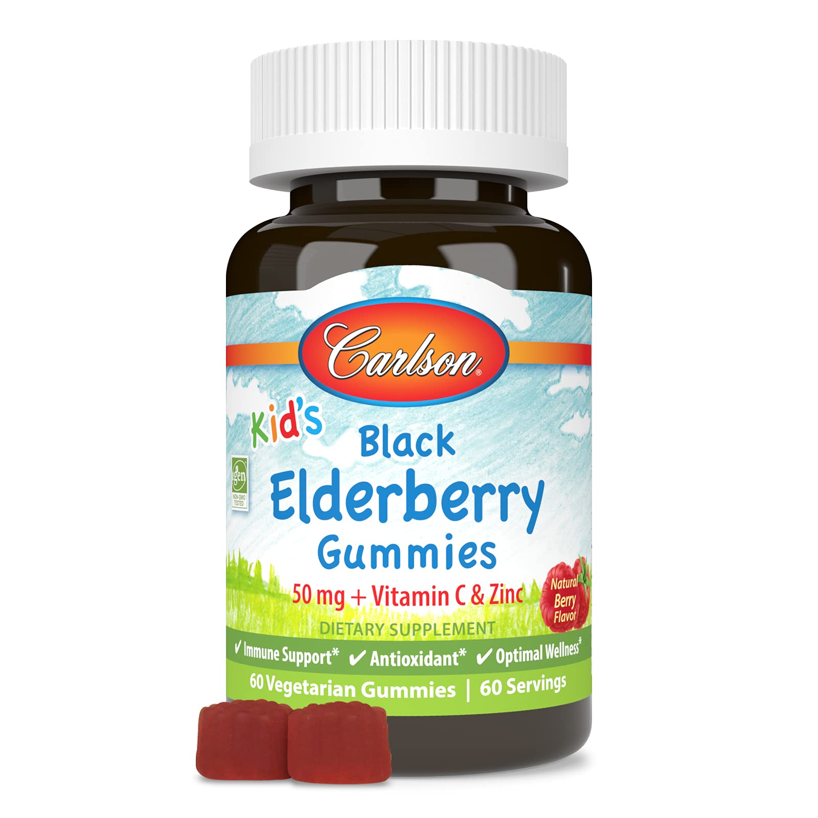 Carlson Kid's Black Elderberry Gummies with Vitamin C & Zinc, Immune Support, 60 Gummies