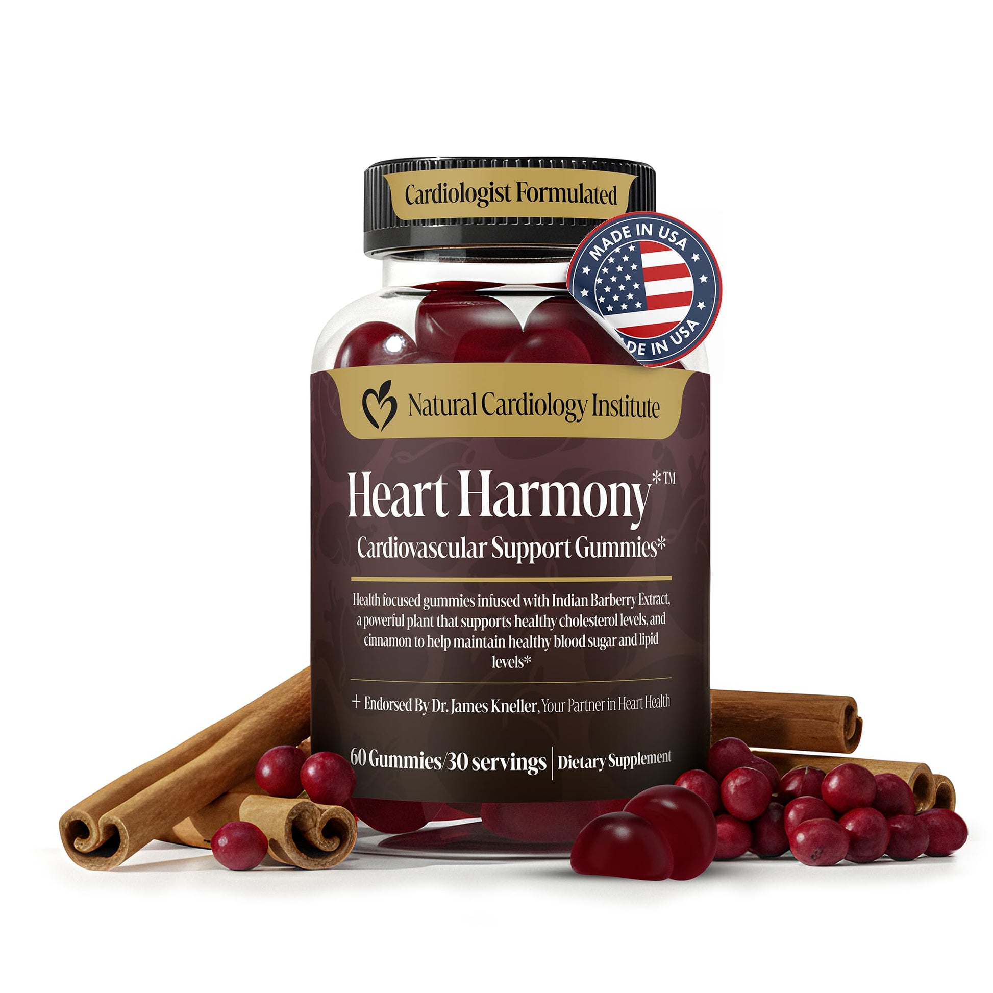 Natural Cardiology Institute Heart Harmony Berberine Supplement with Ceylon Cinnamon Gummies, 60 Count