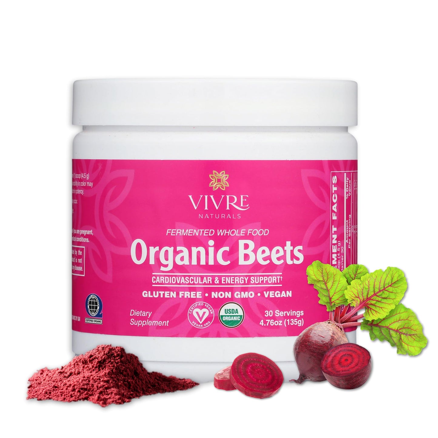 Vivre Naturals Fermented Whole Food Organic Beet Powder, 30 Servings