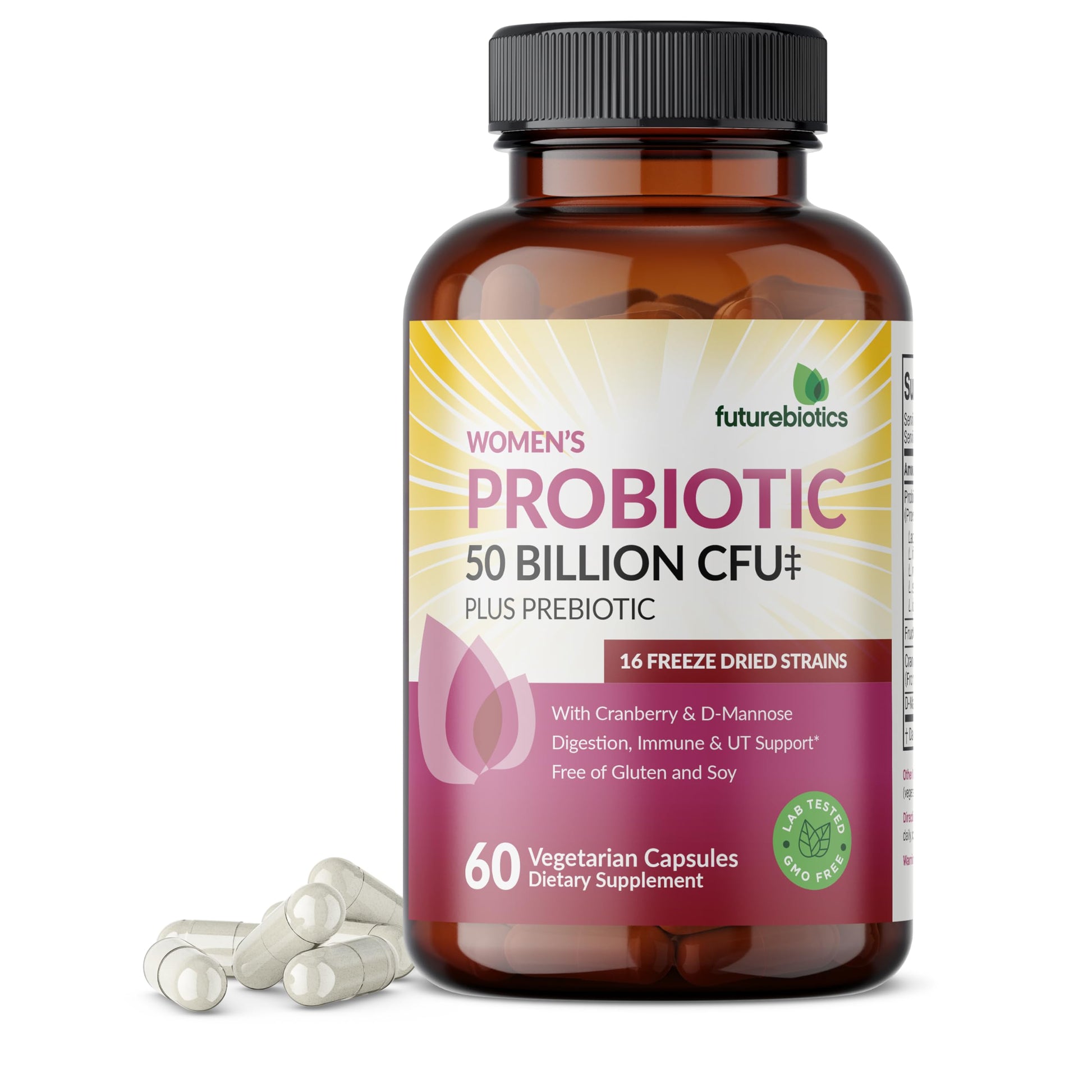 Futurebiotics Women's Probiotic 50 Billion CFU + Prebiotic with Cranberry & D-Mannose, Digestion Immune and Urinary Tract Support, Non-GMO, 60 Capsules