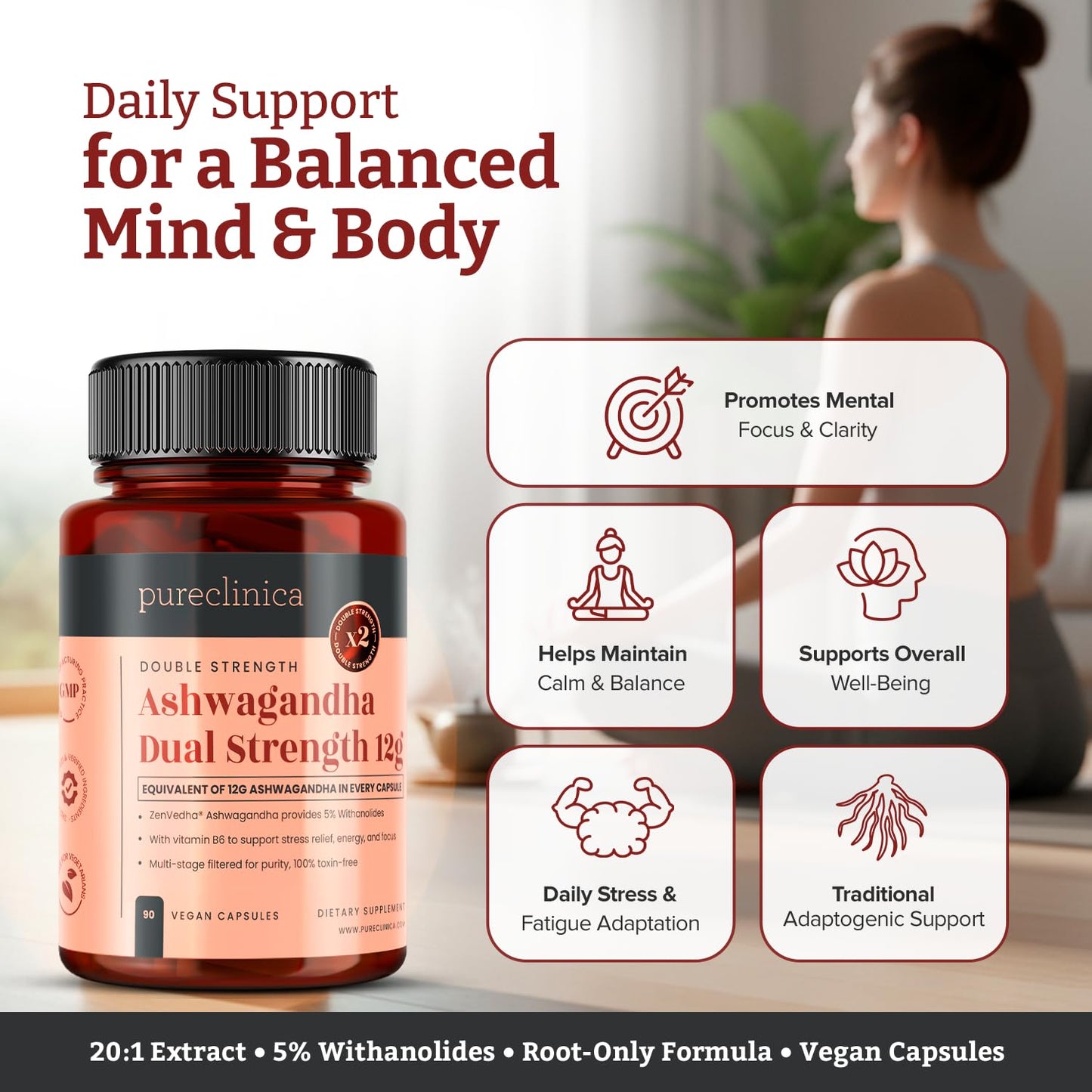pureclinica ZenVedha Ashwagandha 600mg (20:1 Root Extract) – 180 Tablets