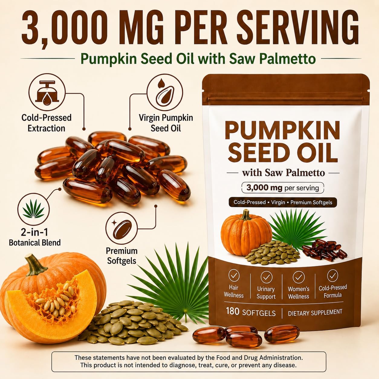 TkPDN Pumpkin Seed Oil with Saw Palmetto 3000mg Capsules, 180 Capsules