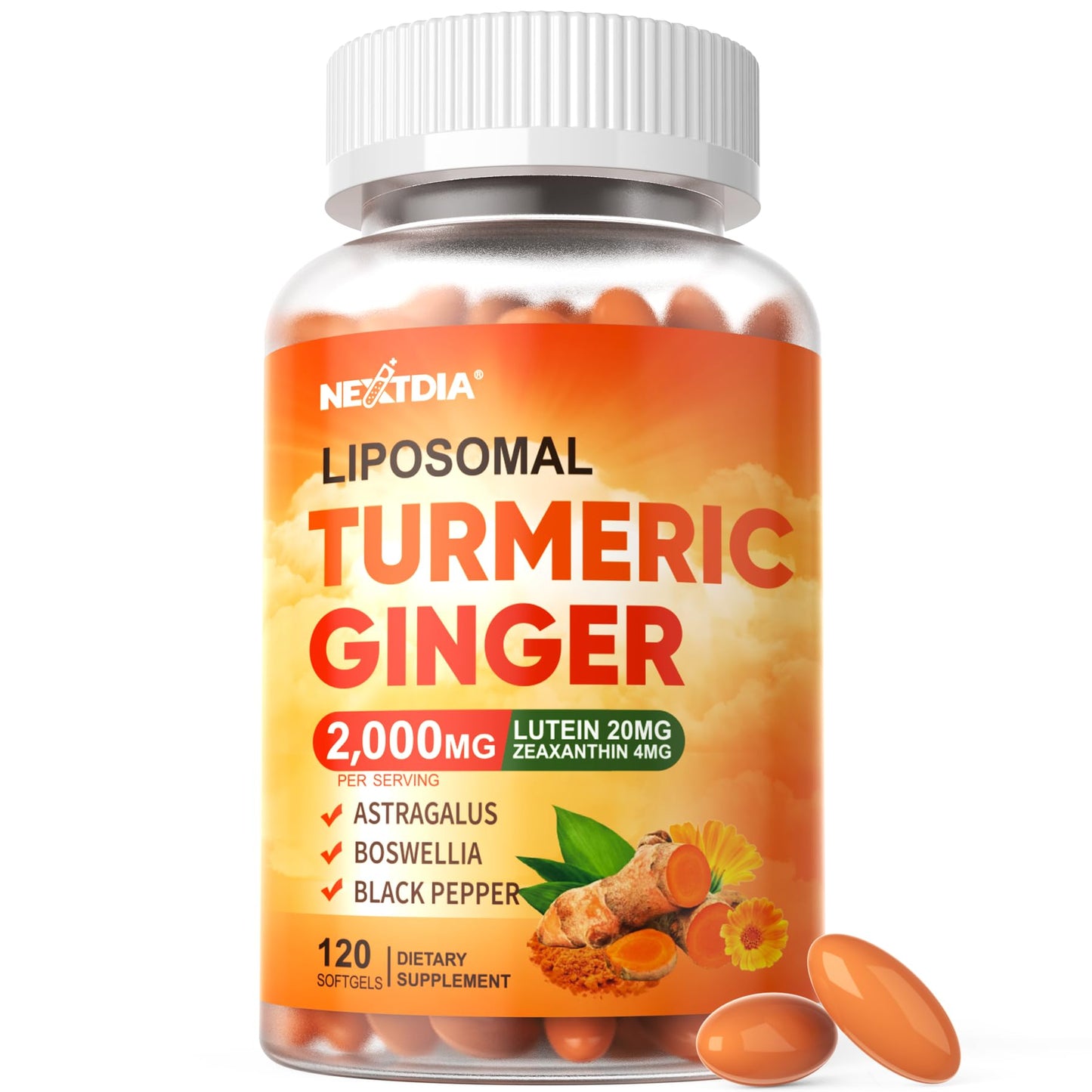 Nextdia Liposomal Turmeric and Ginger Supplement 2000mg with Lutein Zeaxanthin Softgels 120 Count