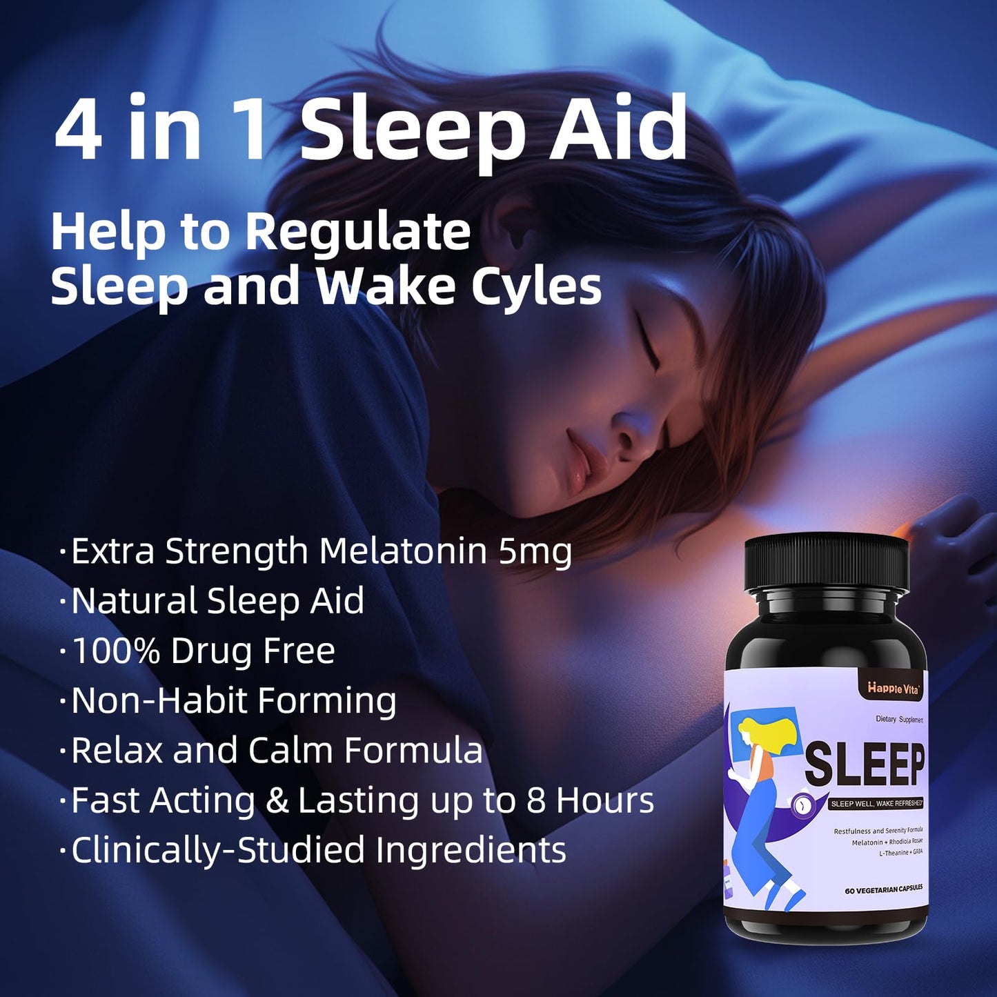 HappieVita 4 in 1 Sleep Aid for Adults, Capsules, 60