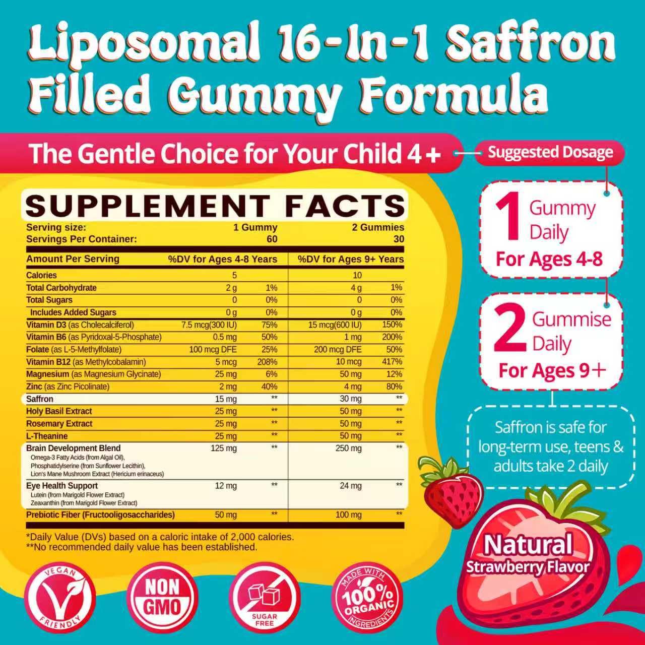 duwhot Saffron for Kids Gummies Sugar Free Saffron 30mg + Magnesium Supplement, Gummy, 60