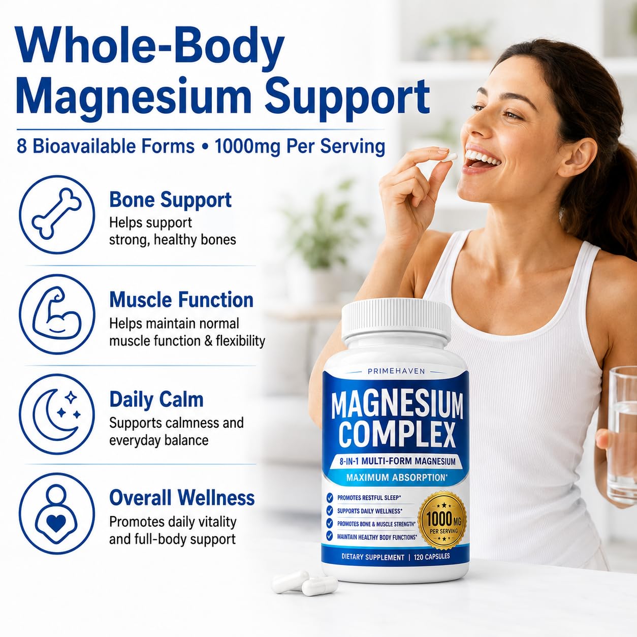 PRIMEHAVEN Alveta Magnesium Complex 1000mg for Women and Men, 8-in-1 Magnesio Complex Supplement Capsules with Glycinate, Citrate, Malate & Taurate, 120 Capsules