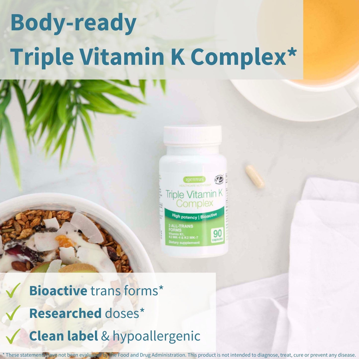 Igennus Healthcare Nutrition High Potency Vitamin K Complex, K1 & K2 (MK-4 & MK-7), 90 Capsules
