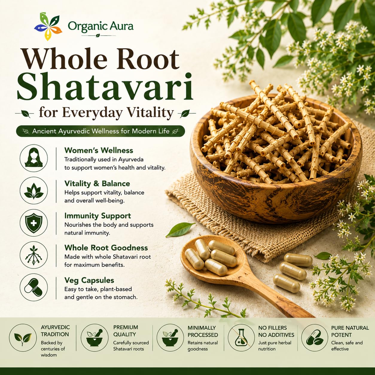 Organic Aura International Shatavari Root Powder Capsules, 150 Count