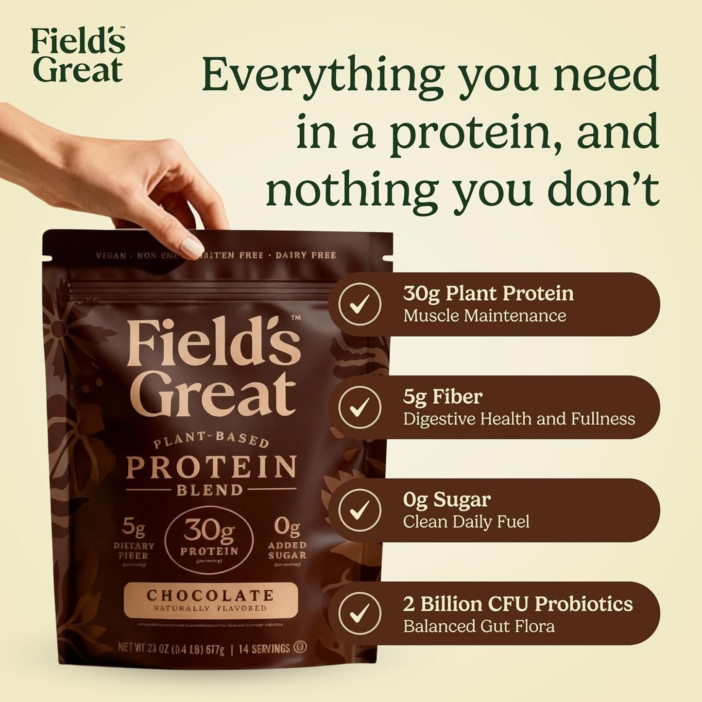 Field's Great Plant-Based Protein with Fiber Protein Powder, Chocolate, 6.8 oz (Pack of 4)