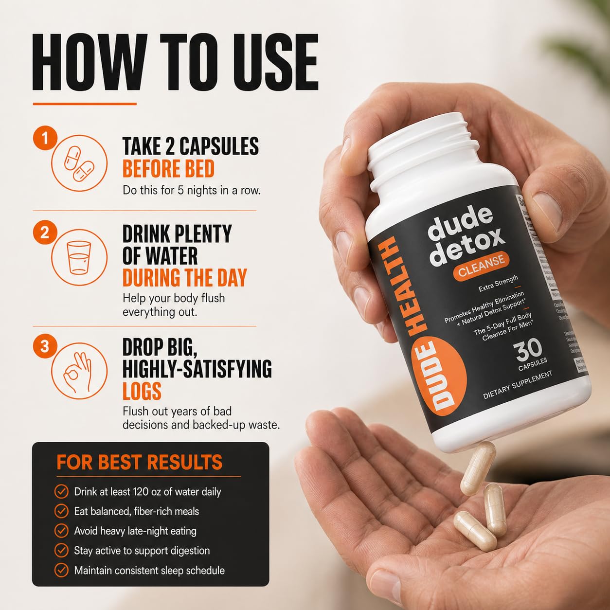 Dude Detox 5-Day Cleanse for Men Extra Strength Full Body Gut Reset 30 Capsules
