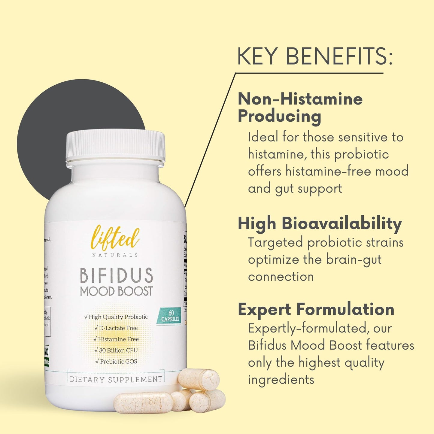 Lifted Naturals Probiotics 30 Billion CFU Bifidus Mood Support Capsules, 60 Count