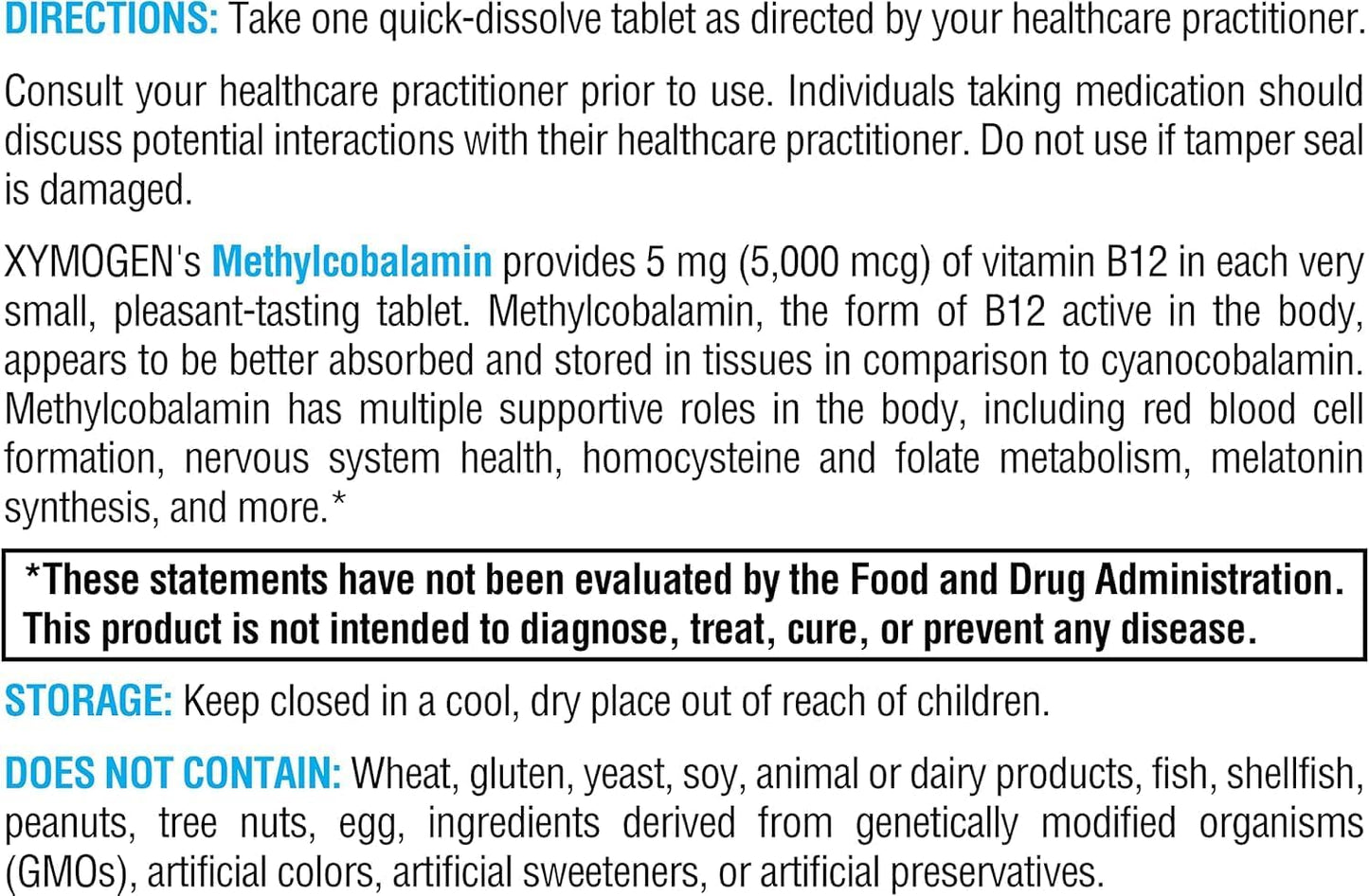 XYMOGEN Methylcobalamin 5 mg Vitamin B12 Tablet, 60 Count