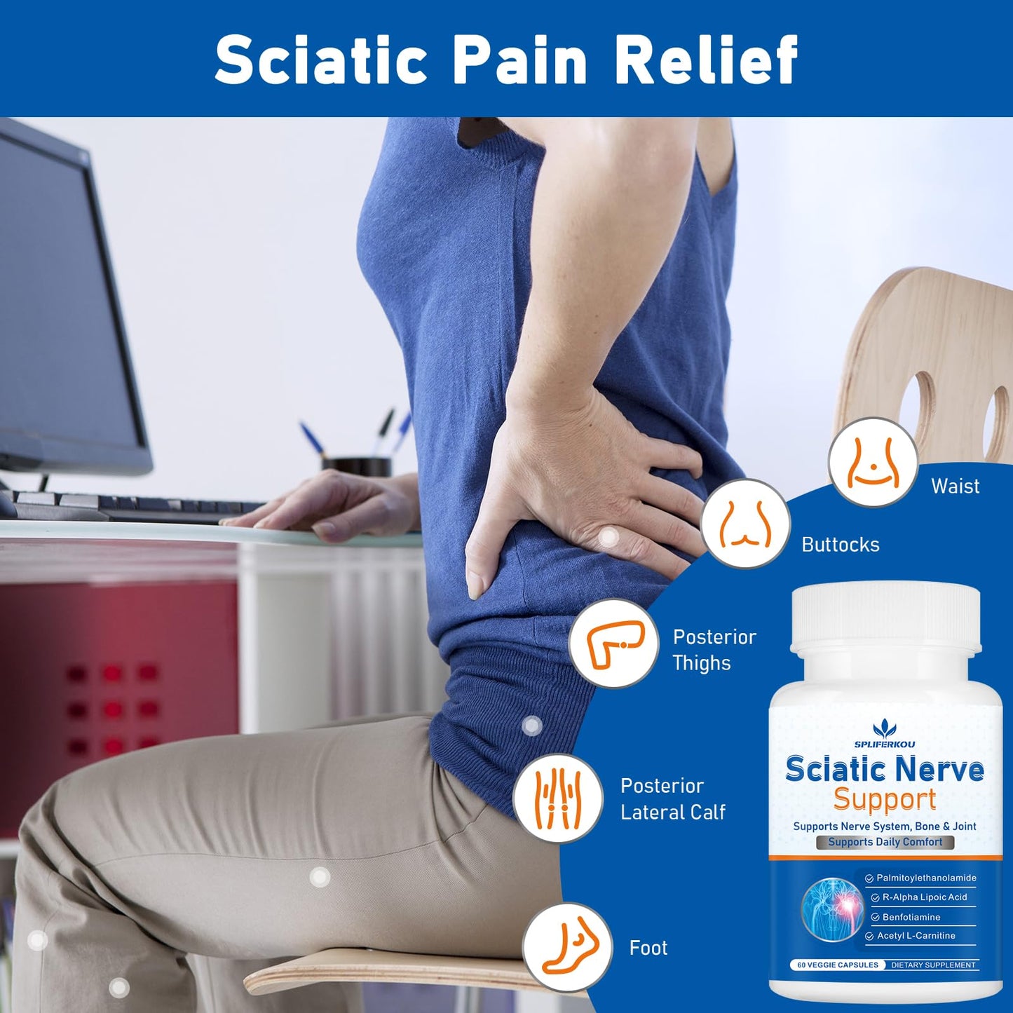 Spliferkou Sciatic Nerve Support Supplement, Advanced Sciatic Nerve Support Formula with Pea, Alpha Lipoic Acid, Benfotiamine Capsules, 60 Count