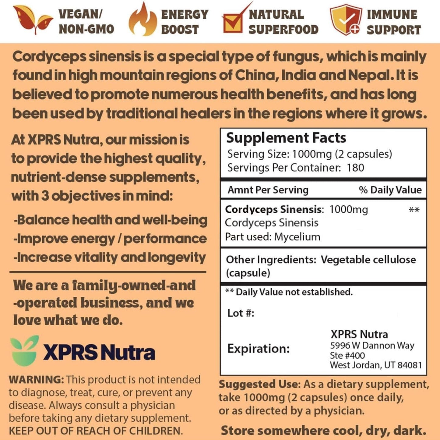 XPRS Nutra Cordyceps Mushroom Powder Capsules 360 Count