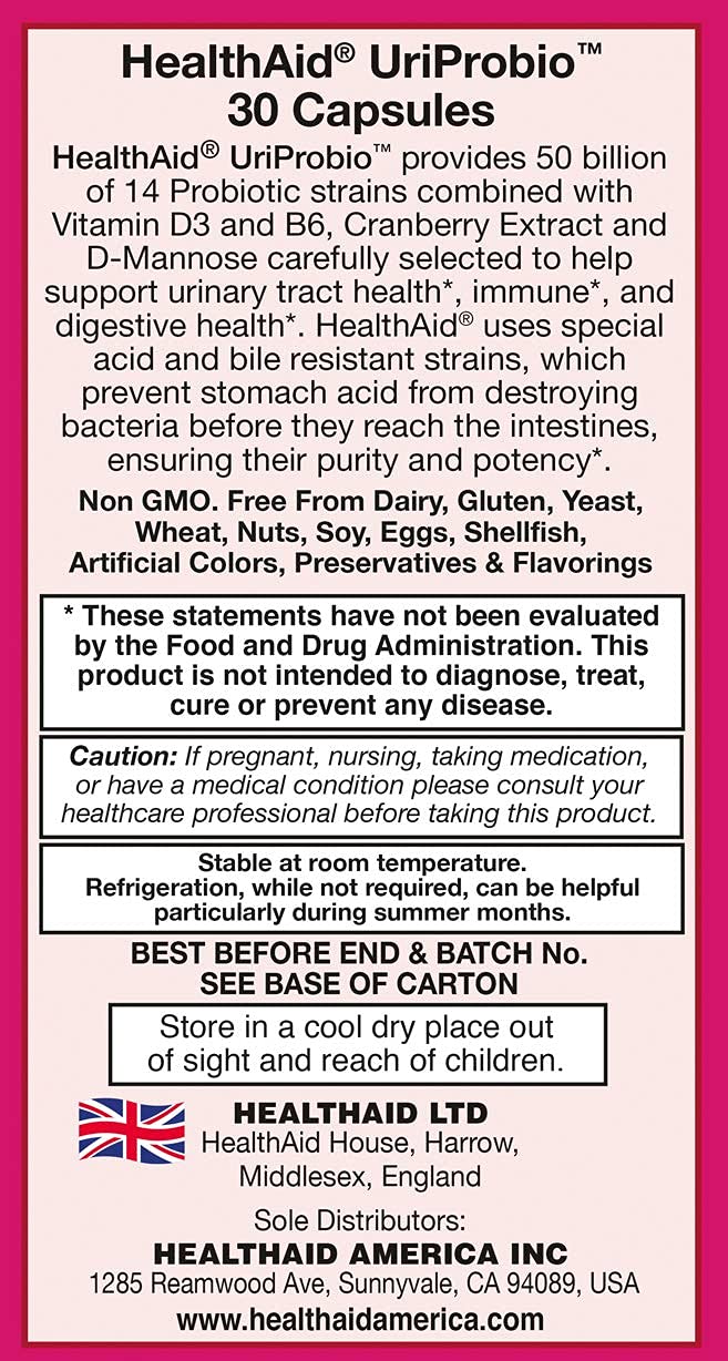 HealthAid UriProbio Women’s Probiotic 50 Billion CFU with Cranberry, D-Mannose & Prebiotic – Capsule, 30 Count