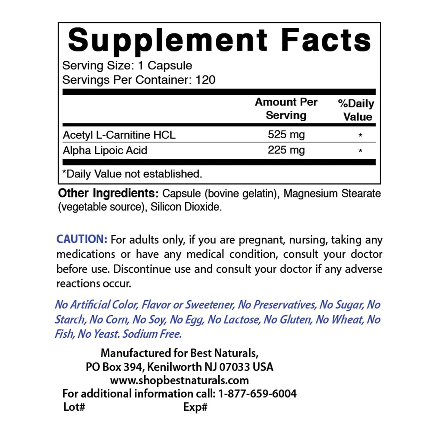 Best Naturals Acetyl L-Carnitine and Alpha Lipoic Acid 750 mg and CoQ10 600 mg 60 Capsules