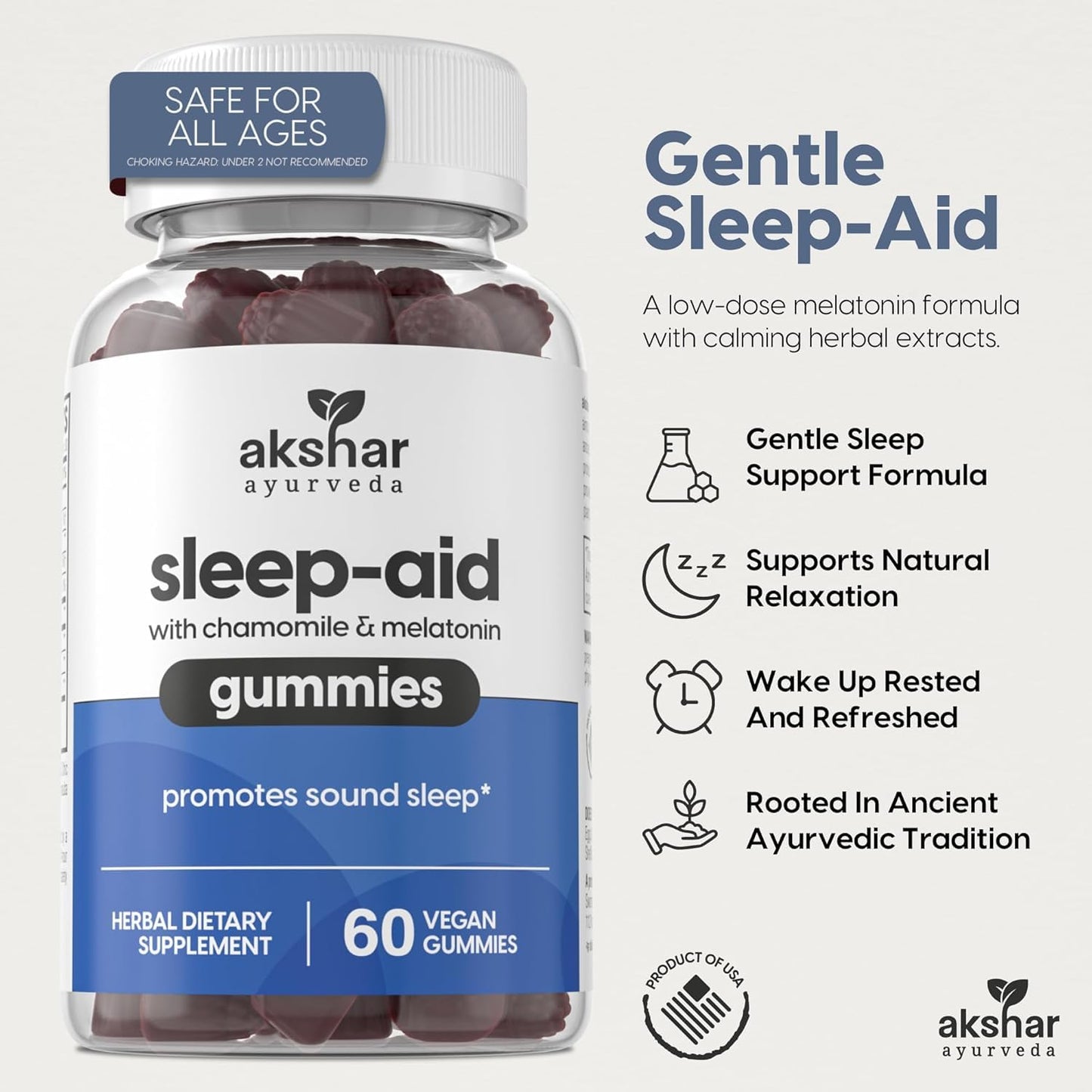 AKSHAR Ayurveda Sleep Gummies for Adults with Melatonin, Chamomile, Passionflower and Lemon Balm, 3mg Melatonin Gummies, 120 Count