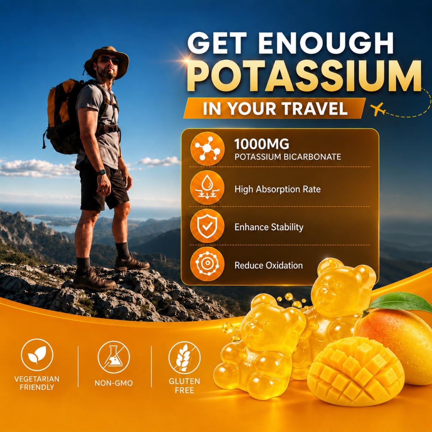 Swiss Bioenergetics Potassium Gummies for Adults & Kids, Mango Flavor 120 Gummies