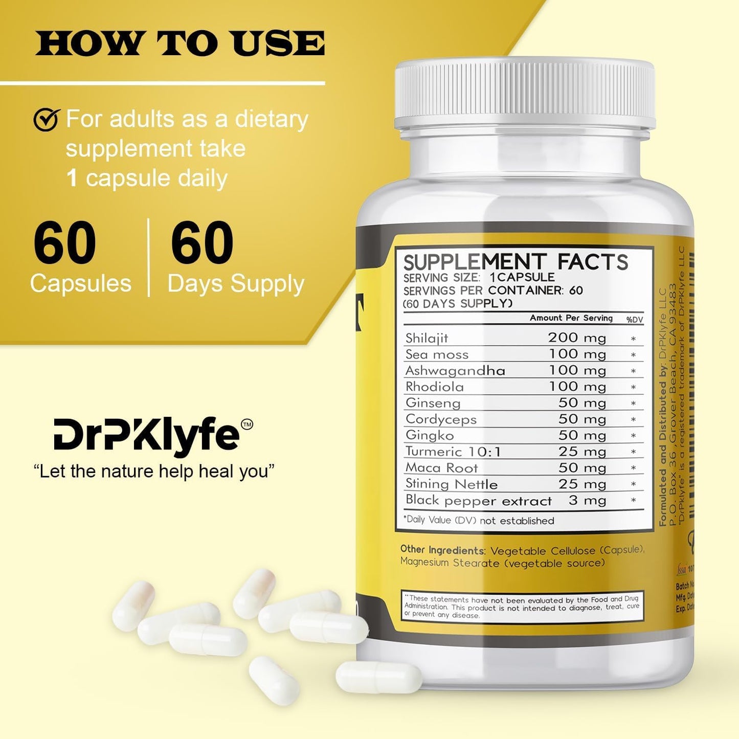 DrPKLyfe Shilajit Capsules with Ashwagandha, Rhodiola, Sea Moss, and Turmeric - 753mg, 60 Capsules