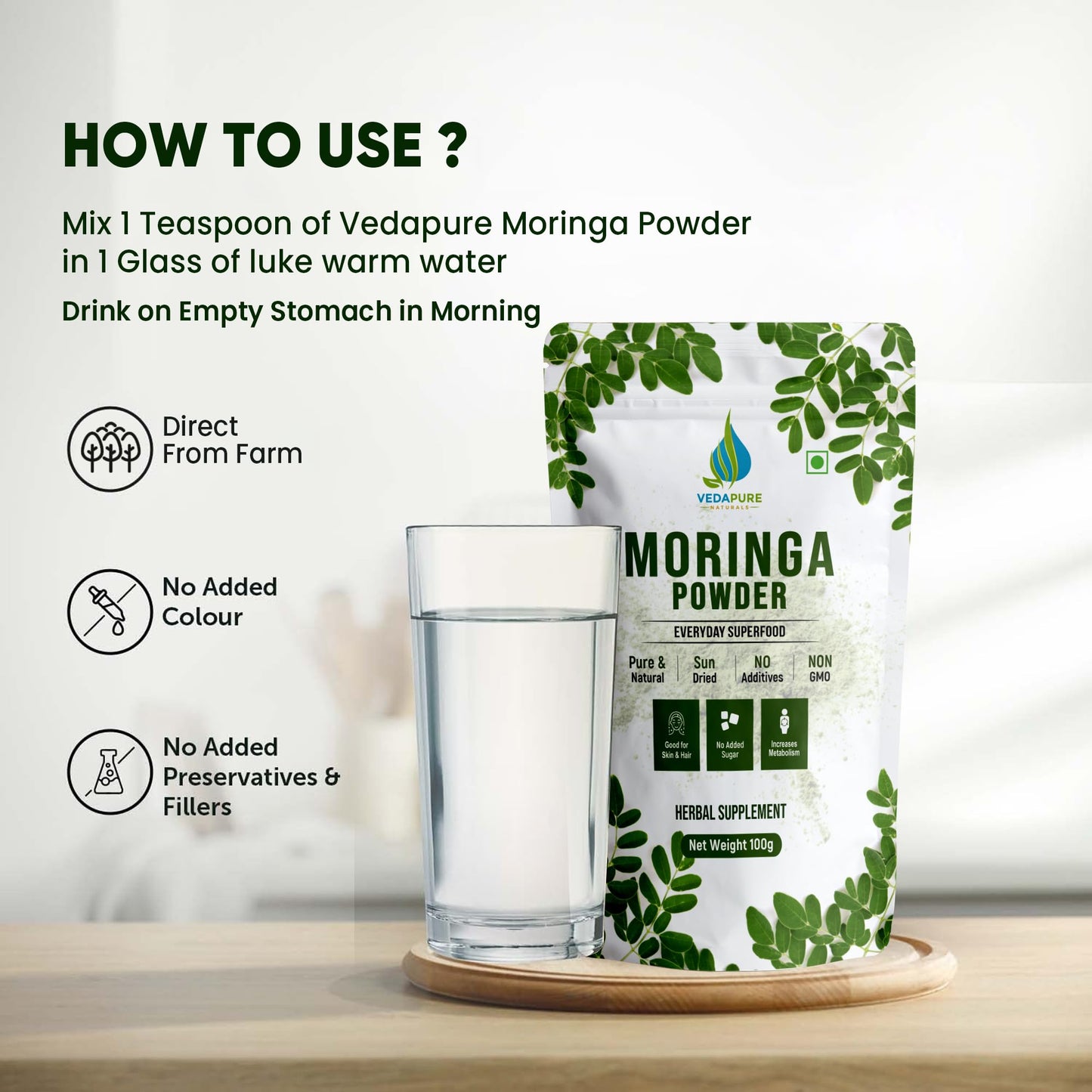 VEDAPURE Organic Moringa Oleifera Leaf Powder, 3.53 Ounce