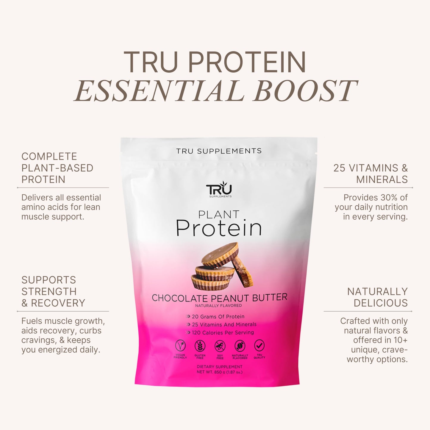 TRU Supplements Plant Based Protein Powder, BCAA, EAA, 20g Vegan Brown Rice & Pea Protein, 100 Calories, 27 Vitamins, No Artificial Flavors, Chocolate Peanut Butter, 26.4 oz