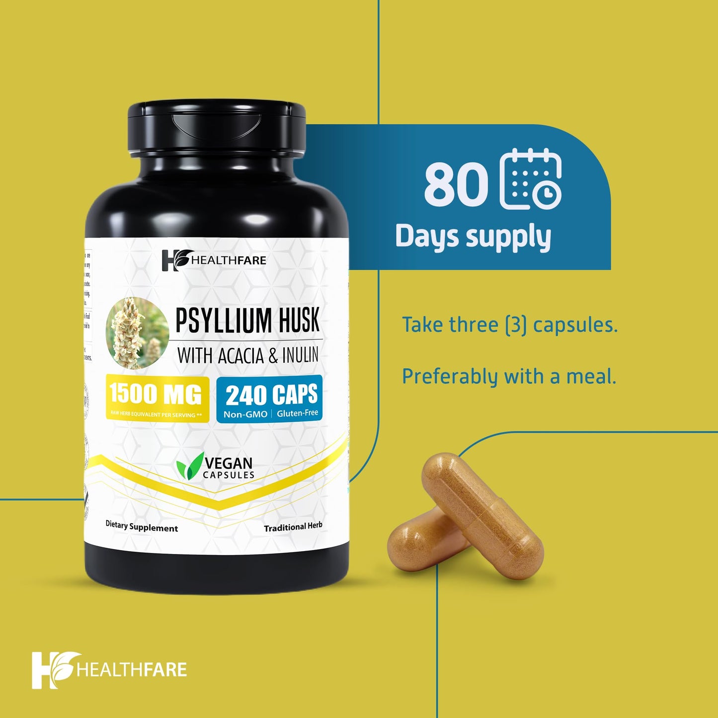 Healthfare Psyllium Husk Capsules 1500mg, 480 Capsules