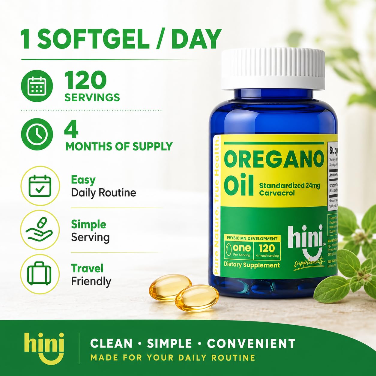 HINI Oregano Oil Softgels, 120 Servings