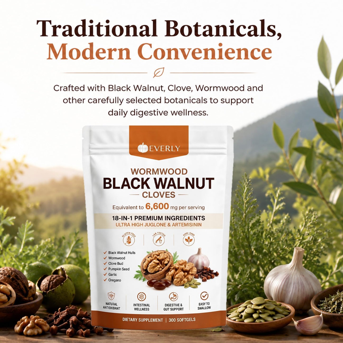Everly Wormwood Black Walnut Cloves 18-in-1 Premium Ingredients Digestive Health & Gut Wellness Capsule, 300 Count