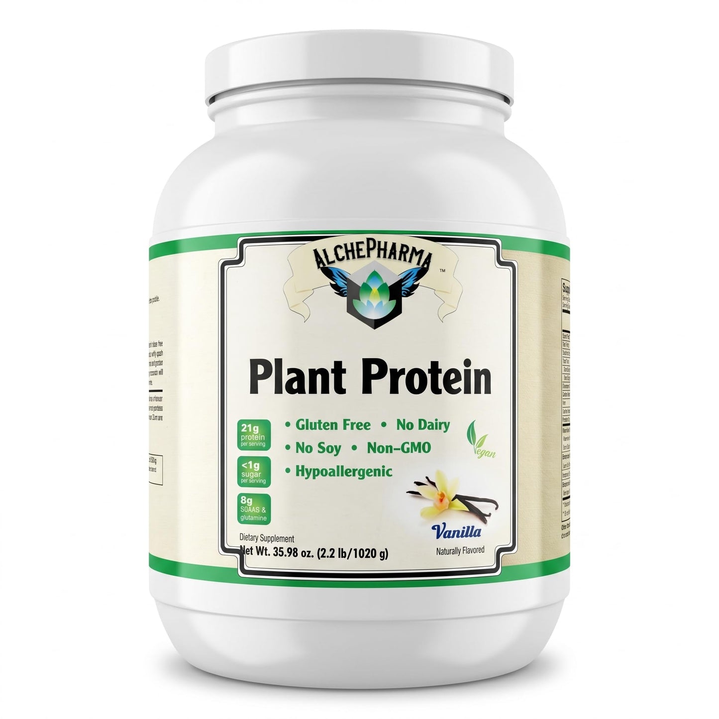 AlchePharma Plant Protein (Premium Blend) - No Soy, Hypoallergenic, No Grit (Featuring Omega 3 Rich Sacha Inchi and Chia) Powder Vanilla 2.2 lb (1020 g)