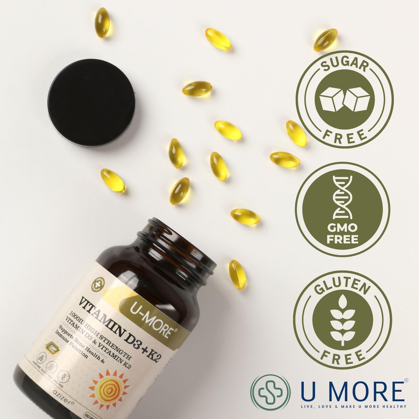 U-MORE Vitamin D3 & K2 (Menaquinone 7) 1000 IU Softgels 60 Count