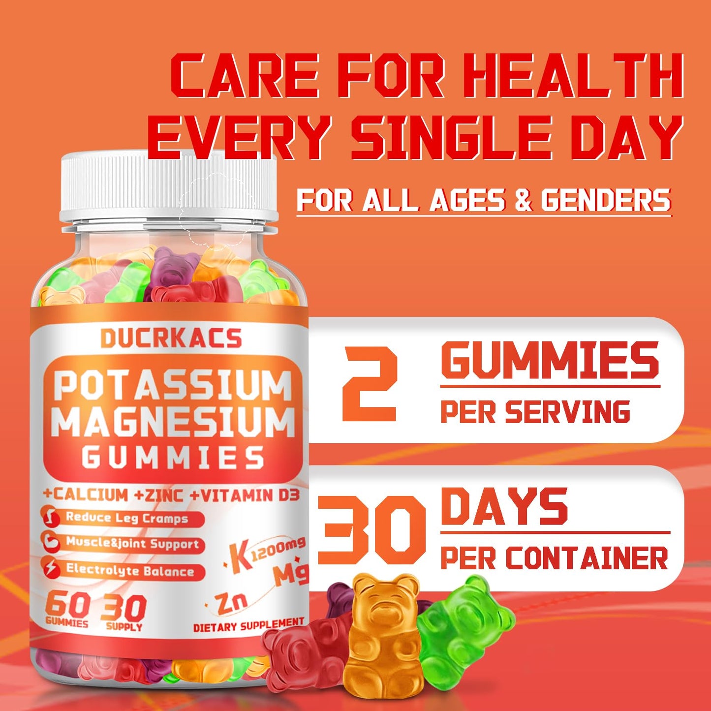 DUCRKACS Potassium Citrate Gummies 1200mg Chewable Potassium Supplement for Men & Women, Supports Leg Cramps & Muscle Health, 120 Count
