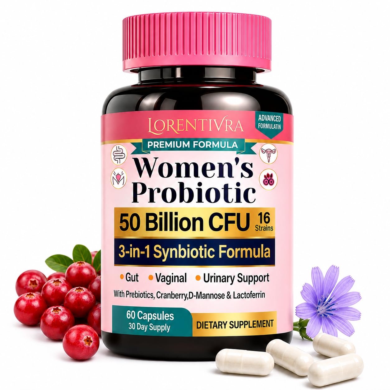 Lorentivra Women's Probiotic 50 Billion CFU, 16 Strains, 3-in-1 Synbiotic with Prebiotics, D-Mannose, Cranberry & Lactoferrin for Gut, Vaginal & Urinary Tract Health, Shelf-Stable, 30 Capsules