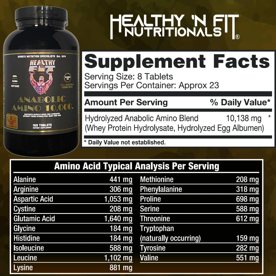 Healthy 'N Fit Amino 10,000 - Amino Acid, 180 Tablets - Hydrolyzed Egg & Whey Source - Fast Absorbing