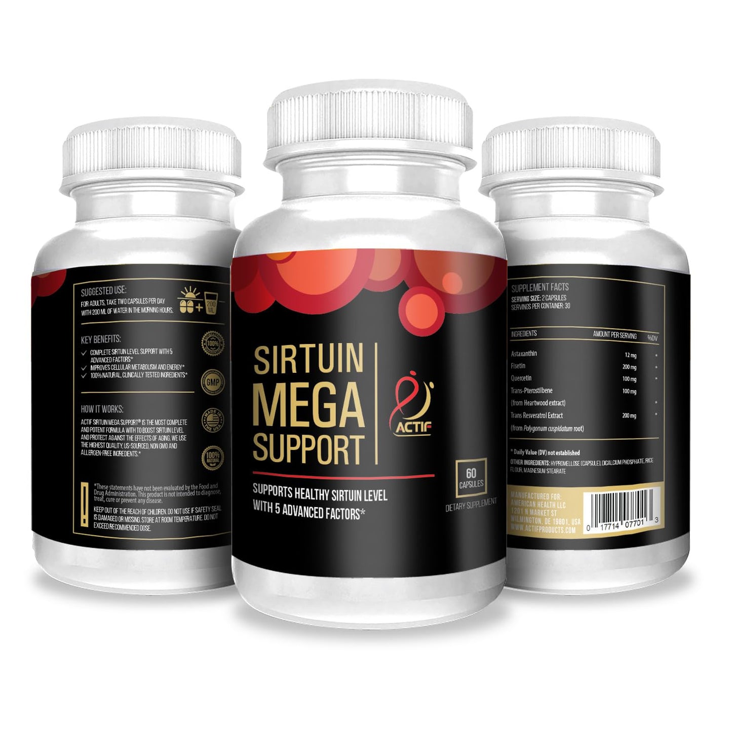 ACTIF Sirtuin Mega Support with 5 Advanced Factors – Anti-Aging, 100% Natural, Non-GMO, 200 Capsules