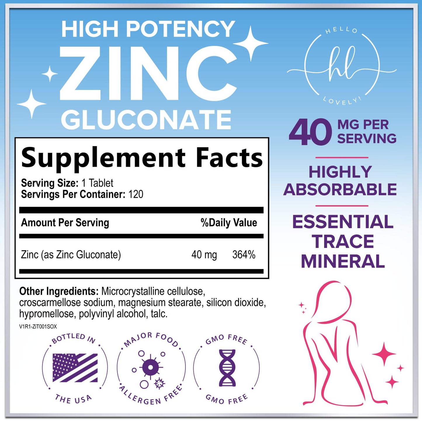 Hello Lovely! Zinc 40mg Tablets, 120 Count