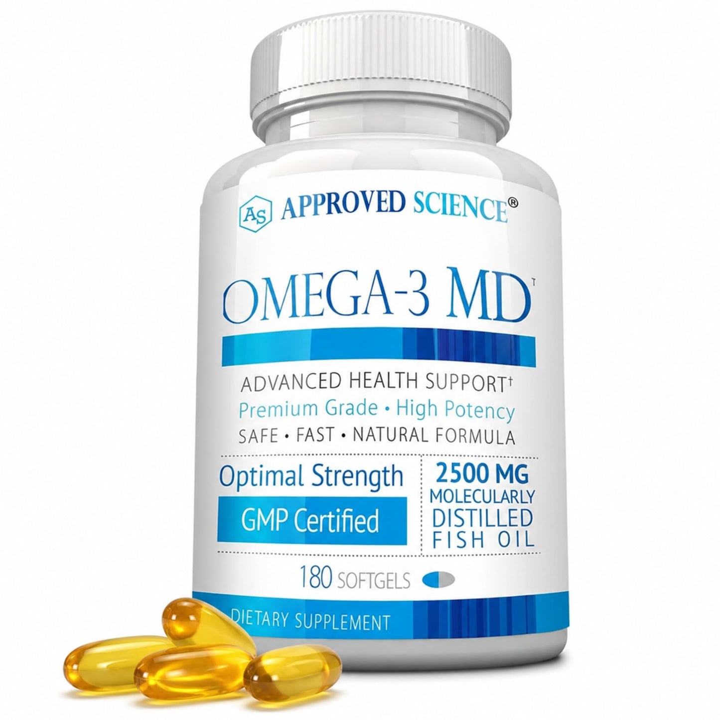 Approved Science Omega-3 MD EPA & DHA Supplement 2500mg Omega-3 Fish Oil Softgels, 180 Count