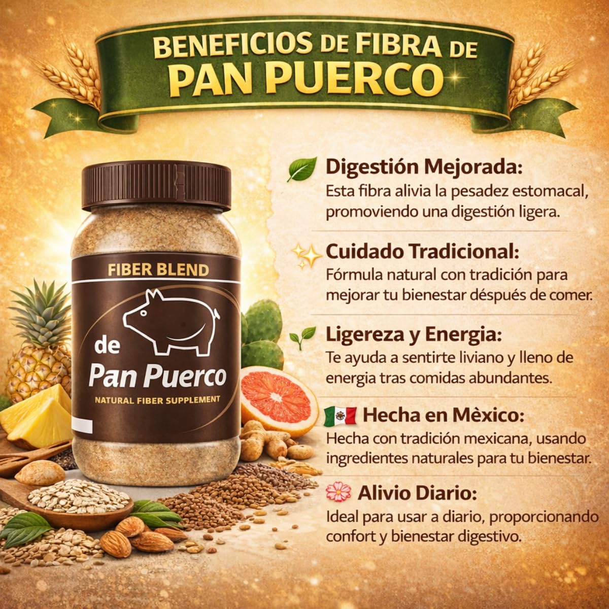 HERBALISTA Fibra de Pan Puerco Daily Fiber Powder, 10 oz