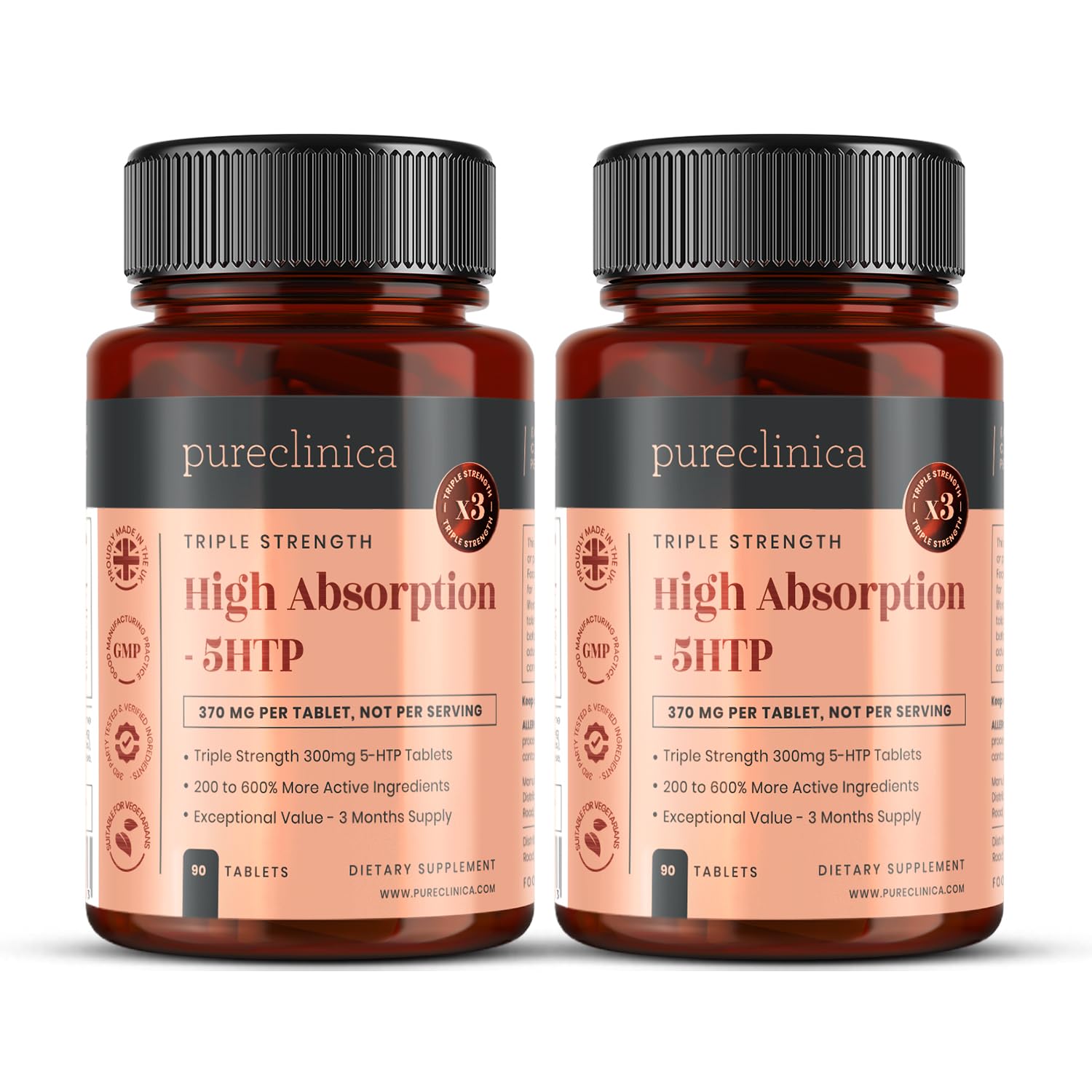 PureClinica High Strength 5-HTP 300mg Tablets, 180 Tablets, with Vitamin C, B6, and Black Pepper Extract