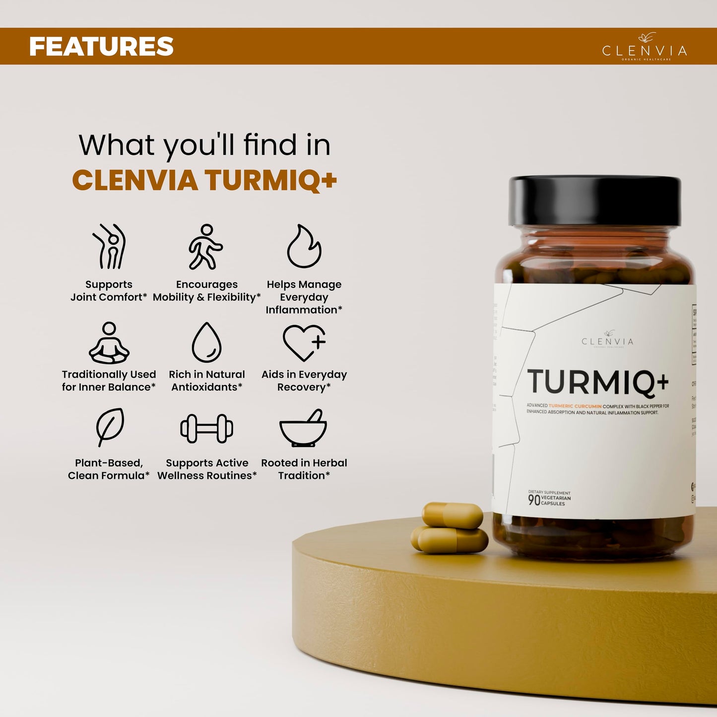 CLENVIA Turmiq Plus Turmeric Curcumin Supplement with Black Pepper 1000mg High-Strength Formula 95% Curcuminoids Capsules, 90 Count