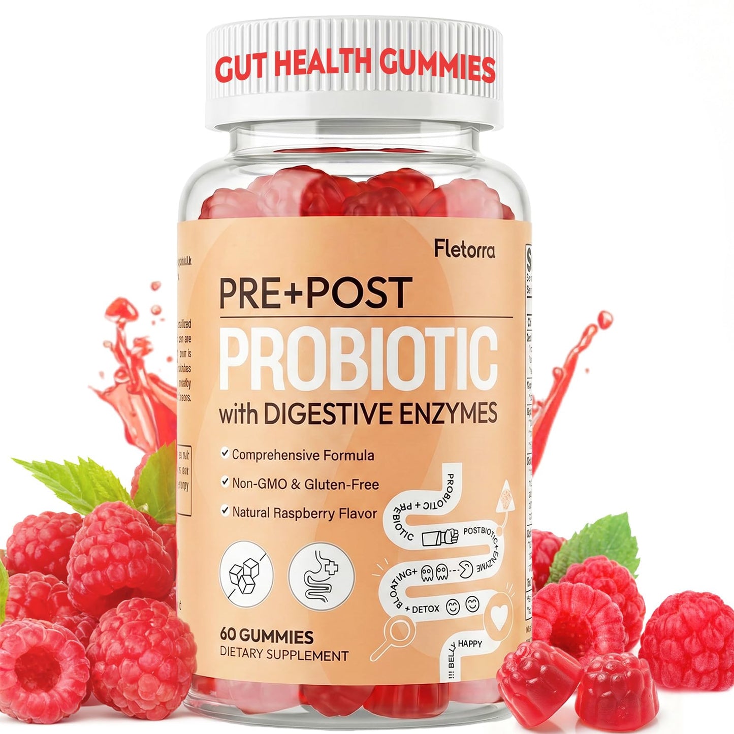 Fletorra Probiotic Gummies for Gut Health, 5-in-1 Prebiotics & Probiotics, Postbiotic & 16 Digestive Enzymes, 0 Sugar, 60 Count