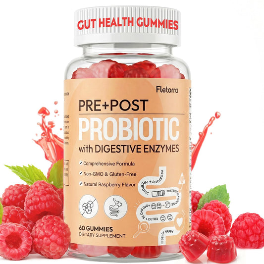 Fletorra Probiotic Gummies for Gut Health, 5-in-1 Prebiotics & Probiotics, Postbiotic & 16 Digestive Enzymes, 0 Sugar, 60 Count