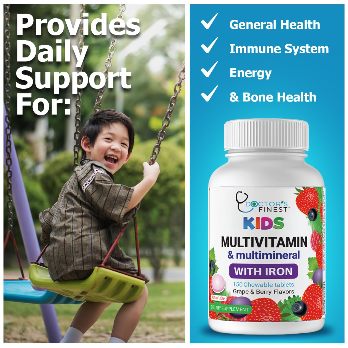 Doctor's Finest Kids Multivitamin & Multimineral with Iron, Grape & Berry Chewable Tablets, 150 Tablets