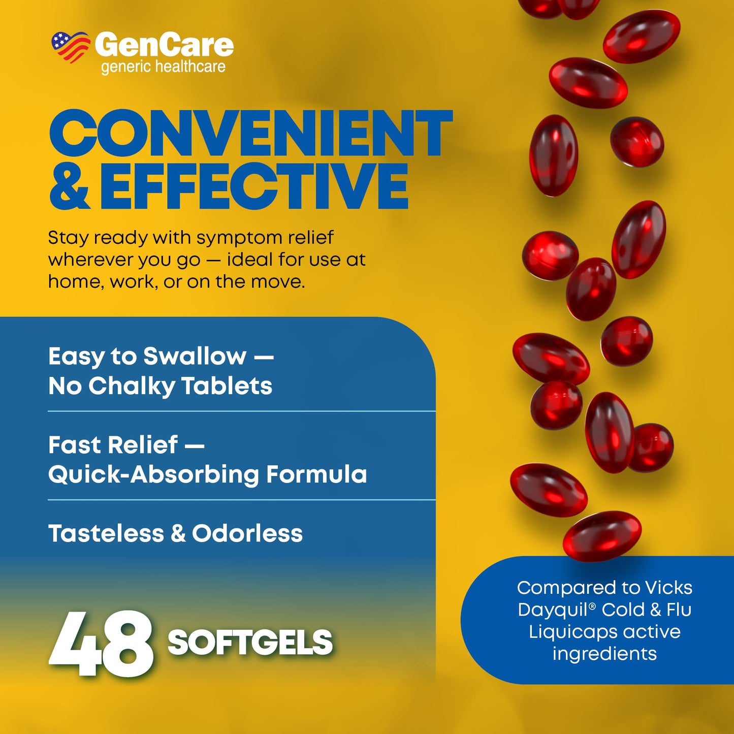 GenCare - Multi Symptom Non Drowsy Daytime Cold & Flu Relief Acetaminophen 325mg, Dextromethorphan HBr 10mg, Phenylephrine HCl 5mg (48 Softgels) Non Habit Forming Pain Reliever & Nasal Decongestant
