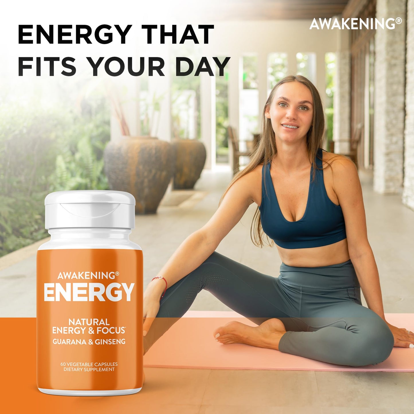 Oxygen Nutrition Awakening Natural Energy & Focus Supplement with Panax Ginseng, Guarana Extract & Chromium Picolinate Capsule, 60 Count