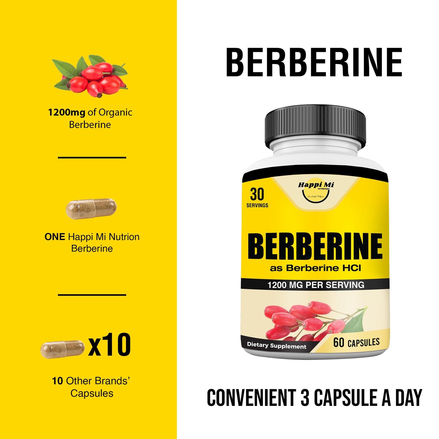 Happi Mi Nutrition Berberine 1200mg HCL Capsule, 60 Count