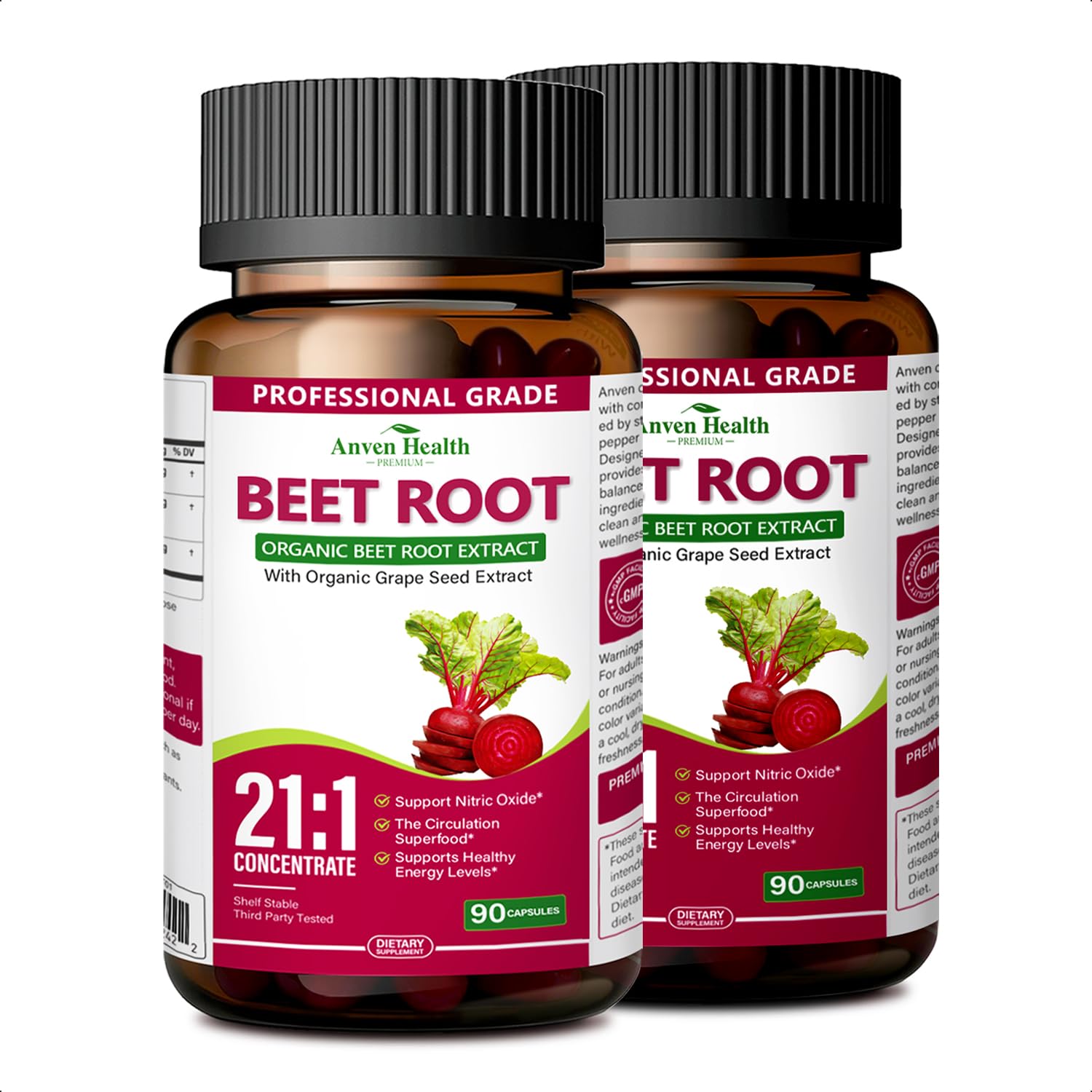Anven Health Organic Beet Root 21:1 Extract Nitric Oxide Capsules 180
