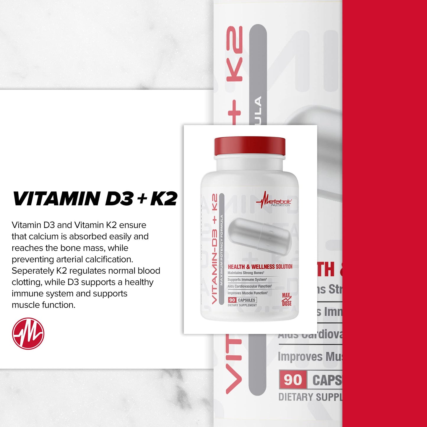 Metabolic Nutrition Vitamin D3 + K2 Bone and Heart Health Formula, Immune Support, 90 Veggie Caps