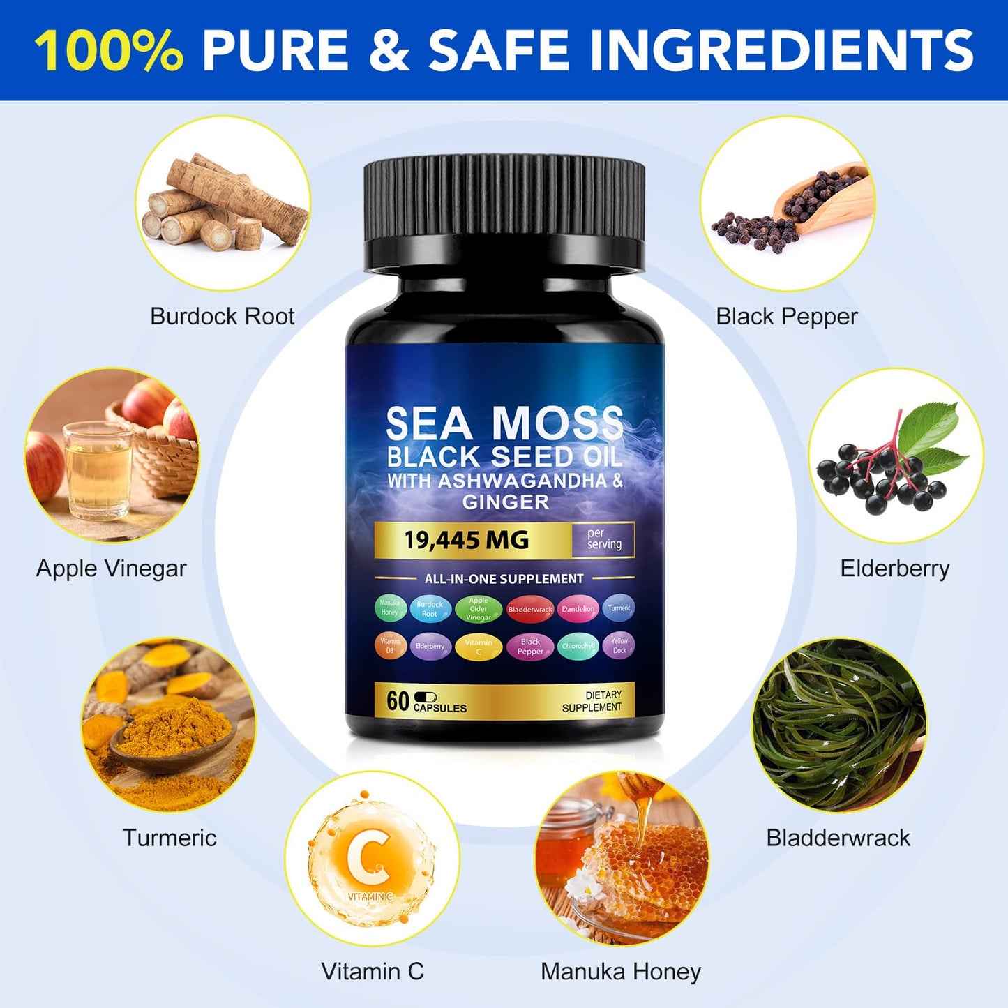 Vortexonix Sea Moss & Black Seed Oil with Ashwagandha, Ginger & Turmeric Softgels, 60 Count