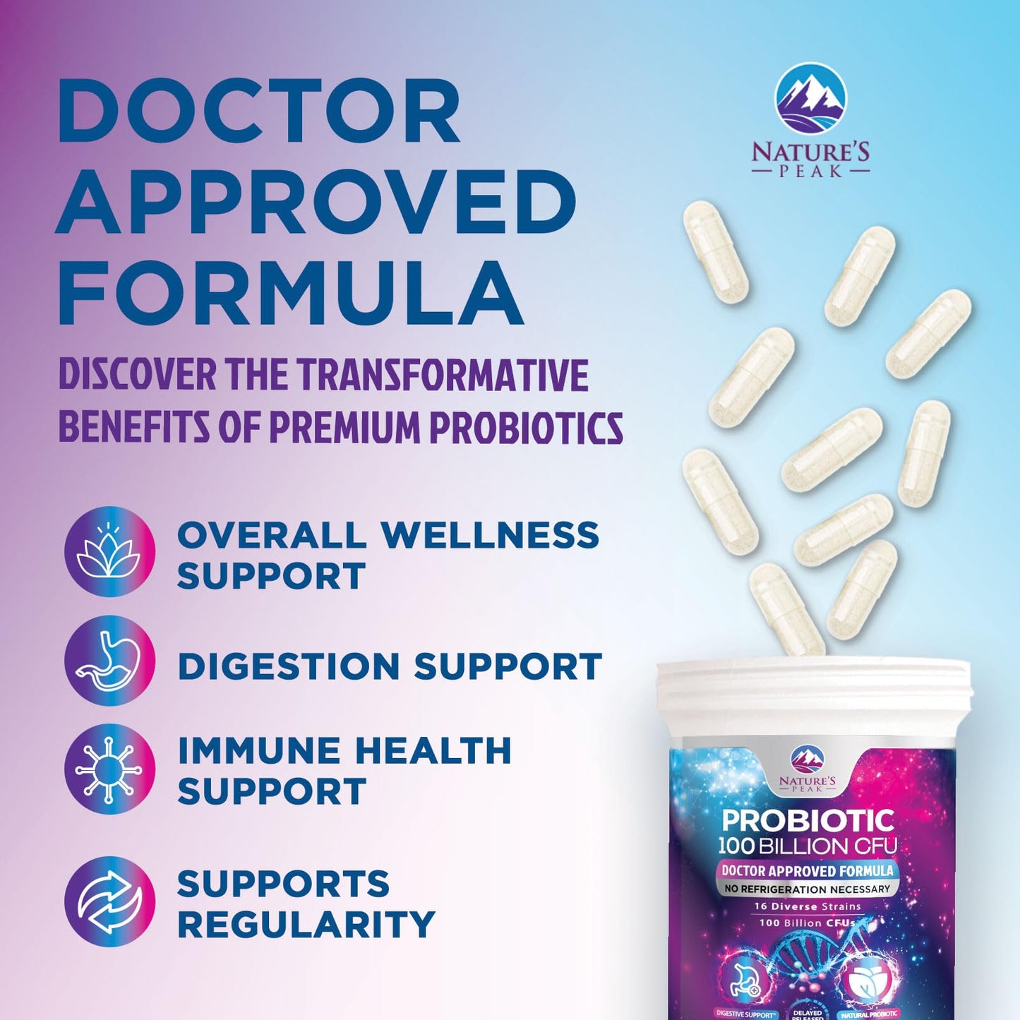 Nature's Peak Premium Probiotics 100 Billion CFU Per Capsule, 16 Strains + Prebiotics, Women's & Men's Gut Health, Immune Support, Digestive Health & Occasional Constipation & Gas, 30 Capsules