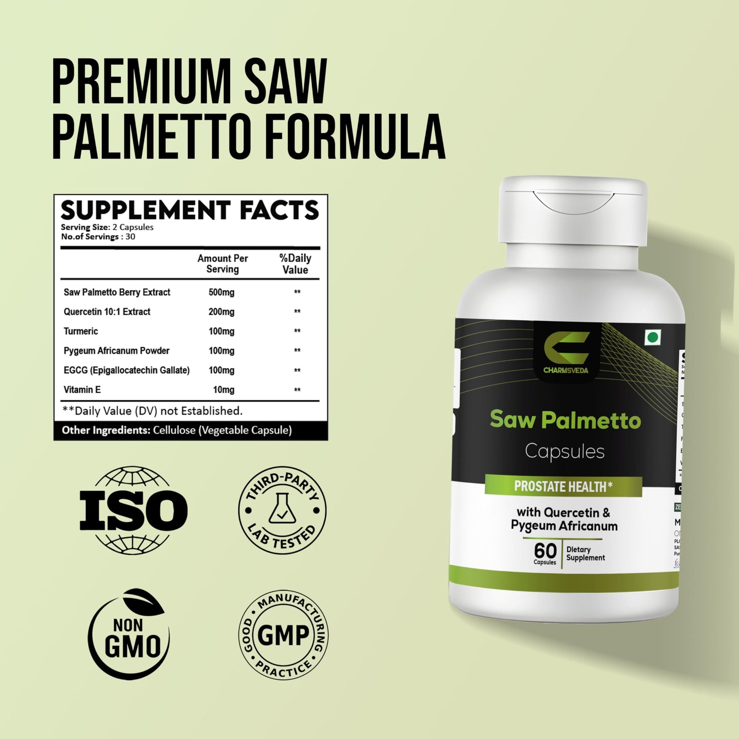 CHARMSVEDA Saw Palmetto Capsules with Quercetin, Pygeum & Turmeric – Heart Health, Overall Wellness & Immune Support, 60 Vegan Capsules